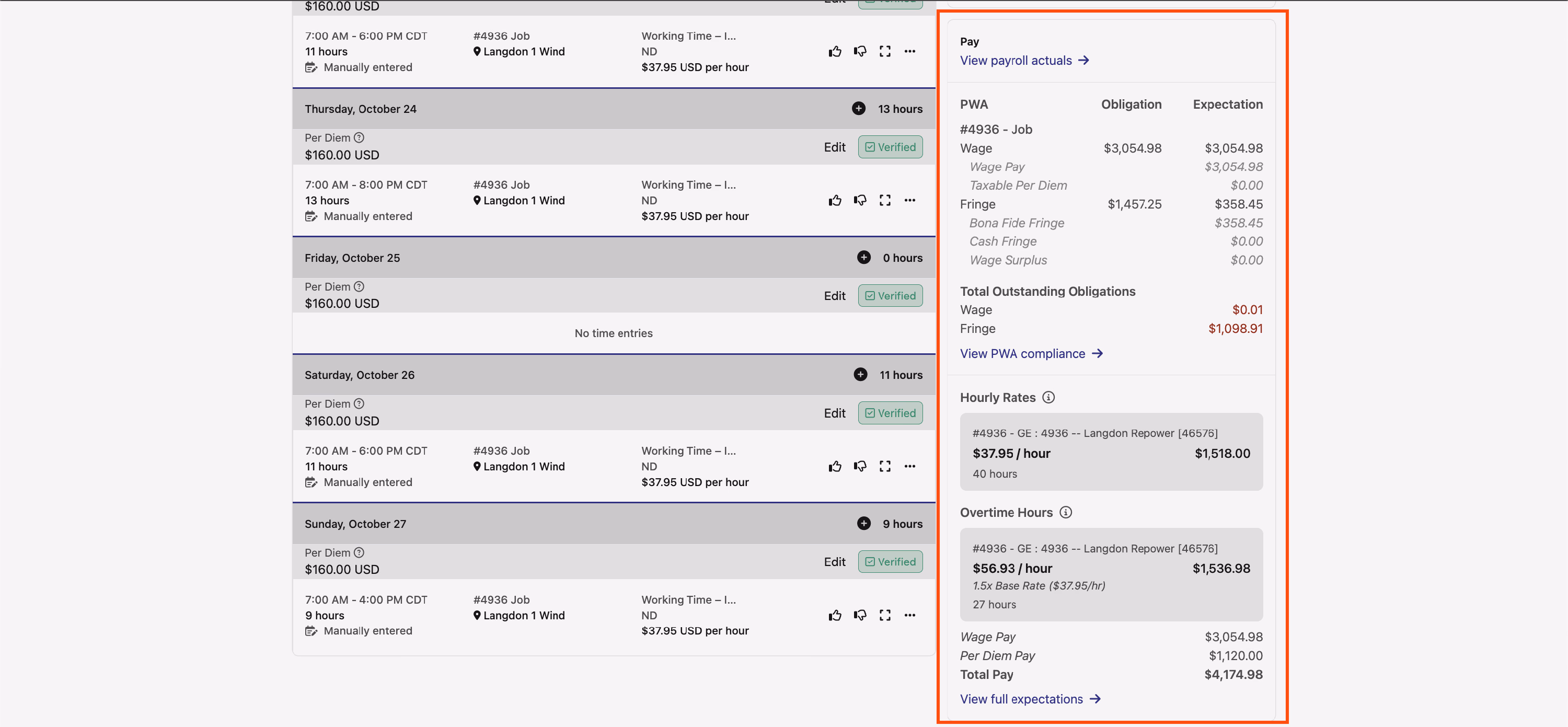 Pay section on a time card showing PWA wage and fringe obligation versus expectation