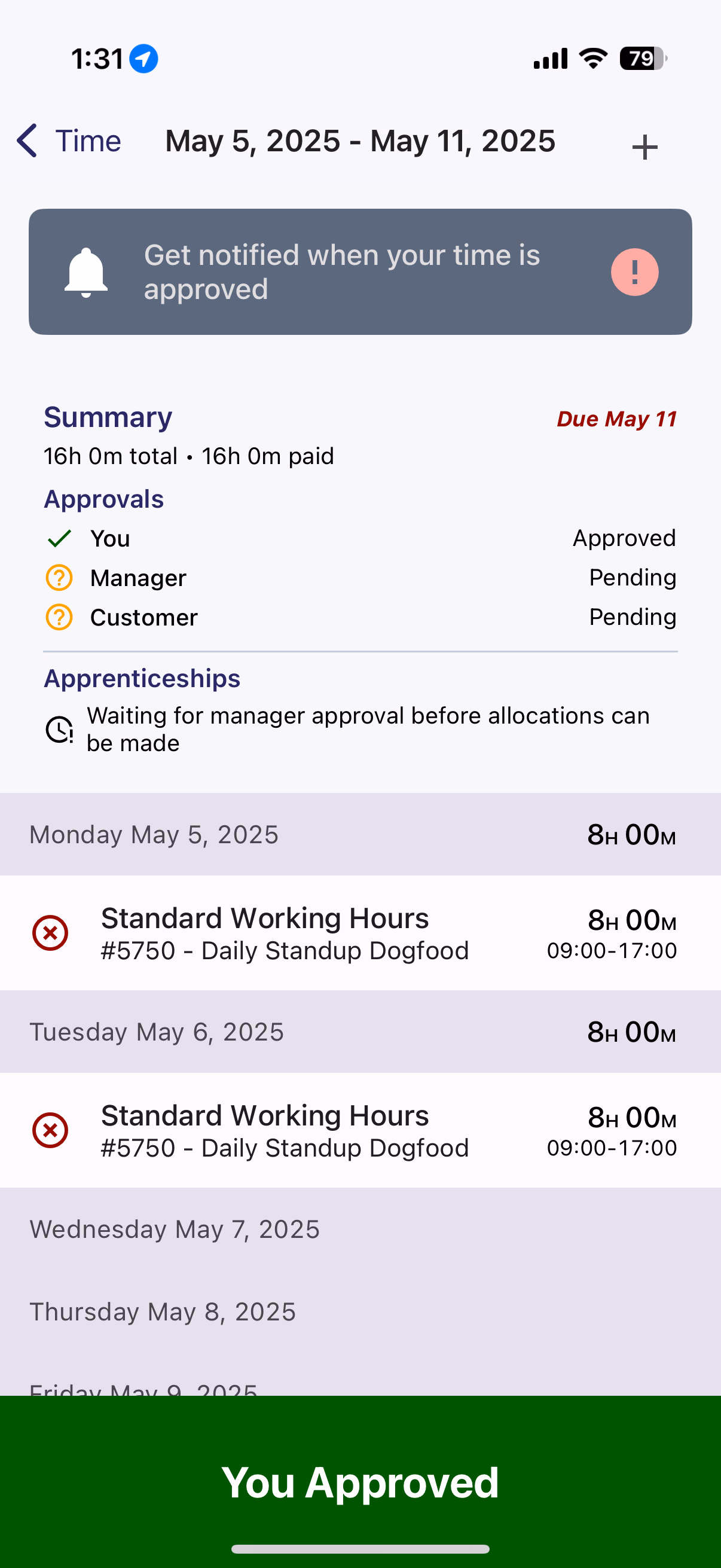 Time card detail showing declined entries with red X icons and You Approved bar