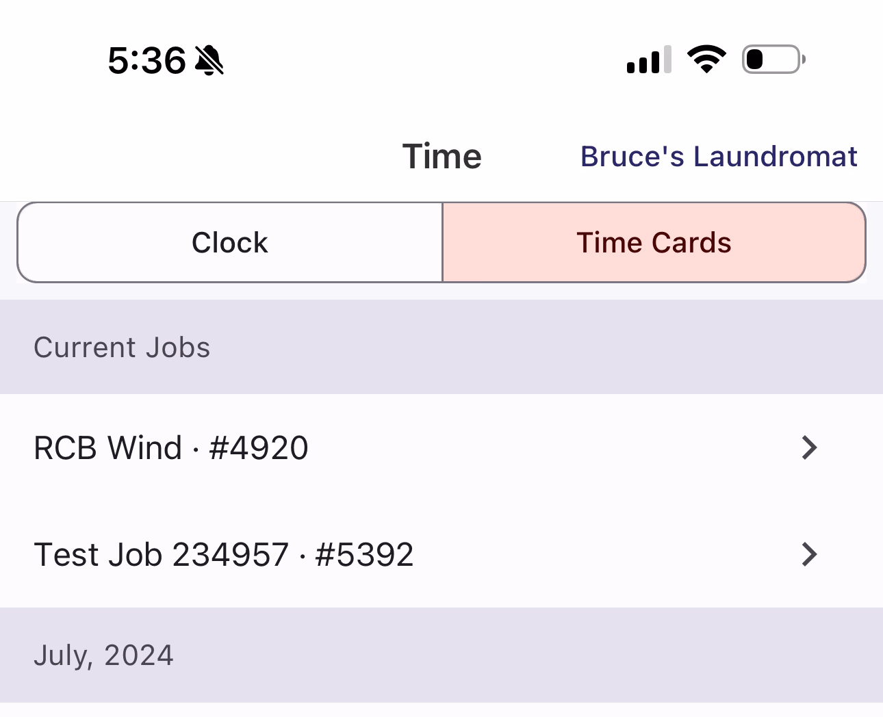 Time Cards tab showing Current Jobs section with two active jobs listed