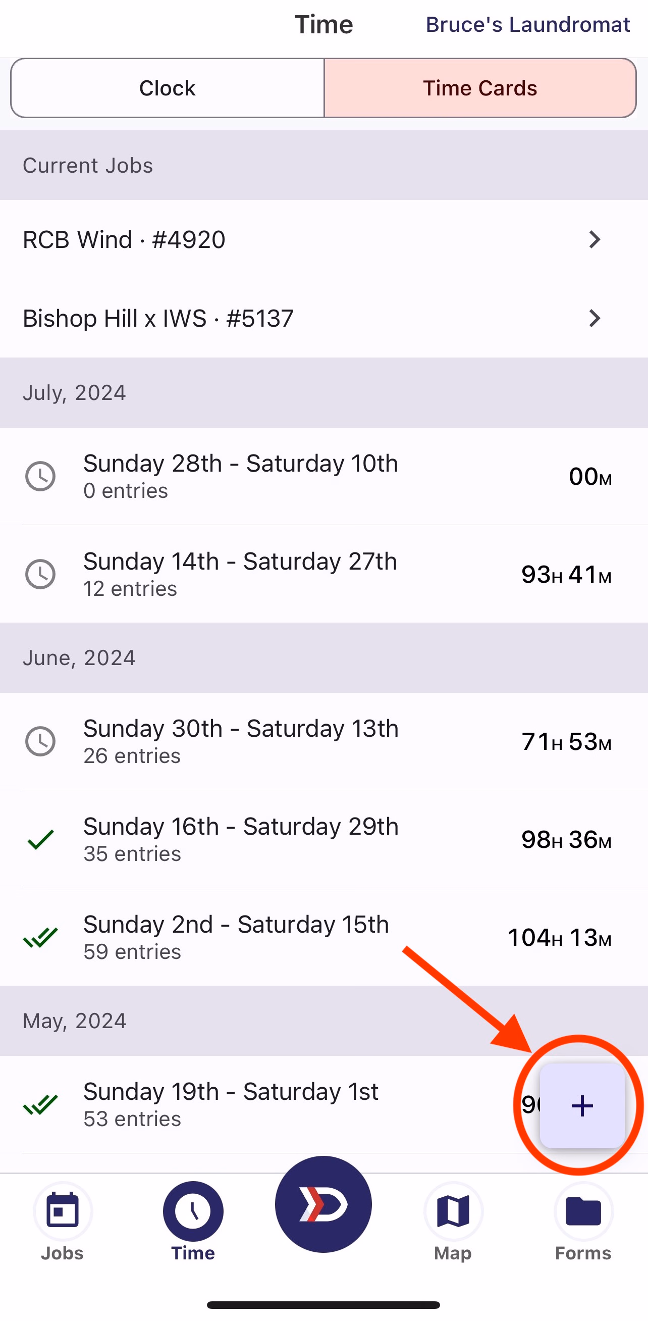 Time Cards screen with plus button highlighted for adding a new time entry