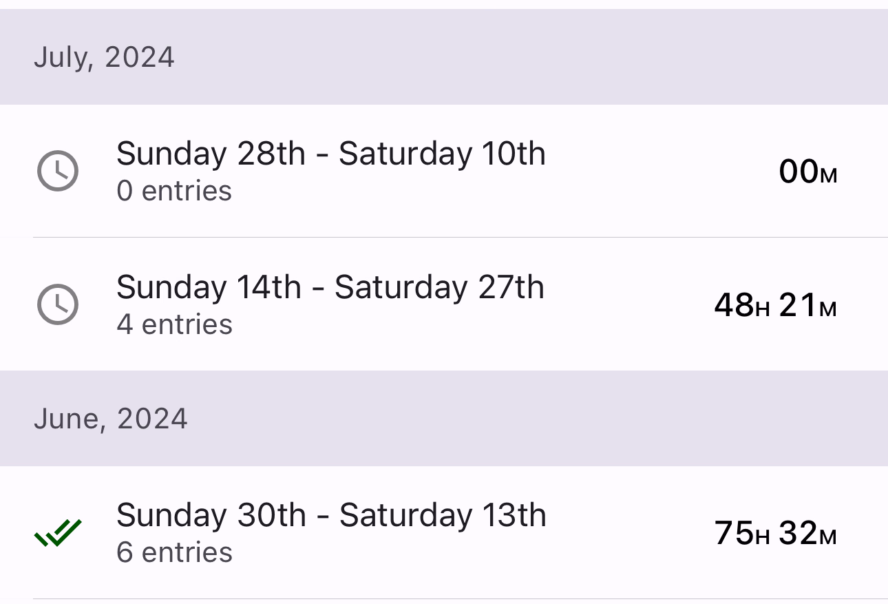 Pay period time cards grouped by July and June with entry counts and totals