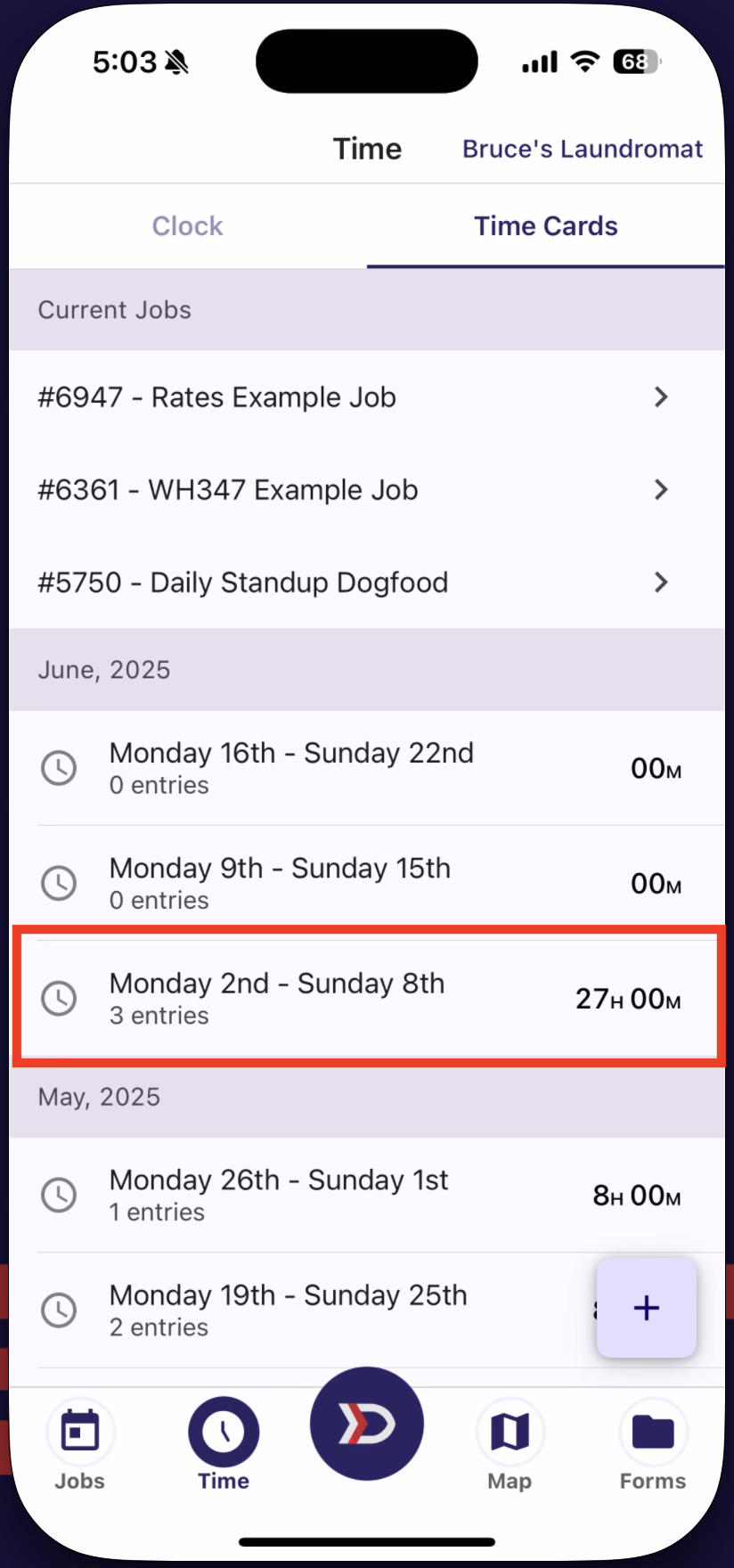 Time Cards list with a specific pay period row highlighted by red box