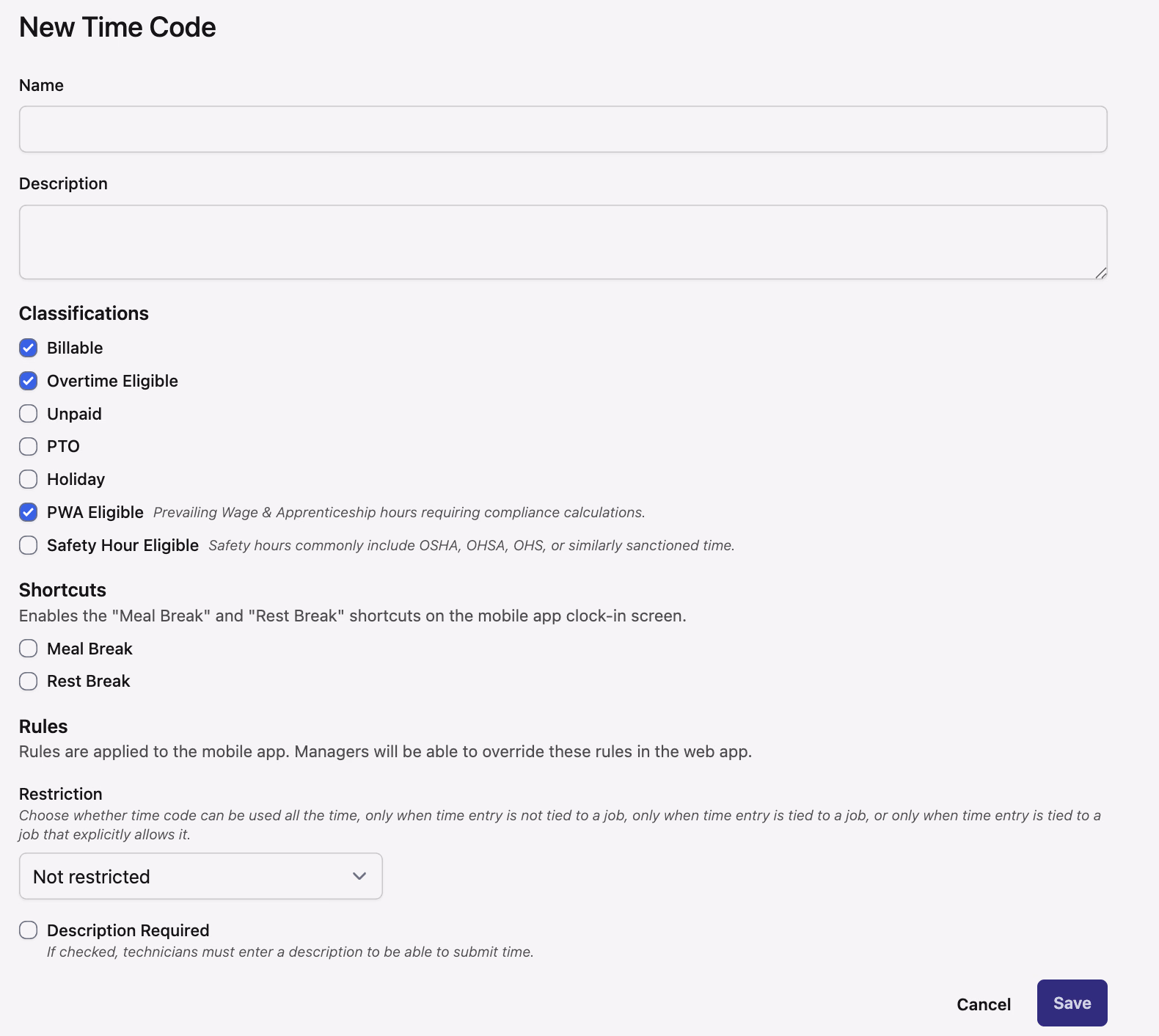 New Time Code form showing Classifications, Shortcuts, and Restriction sections
