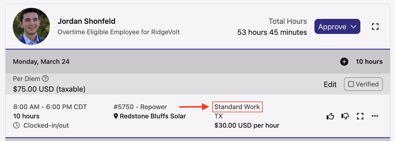 Individual time card showing Standard Work time code highlighted on a time entry