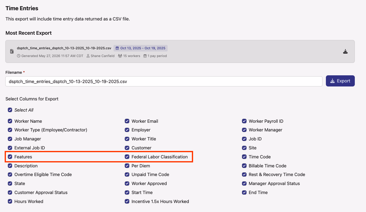 Time Entries export setup with Features and Federal Labor Classification selected