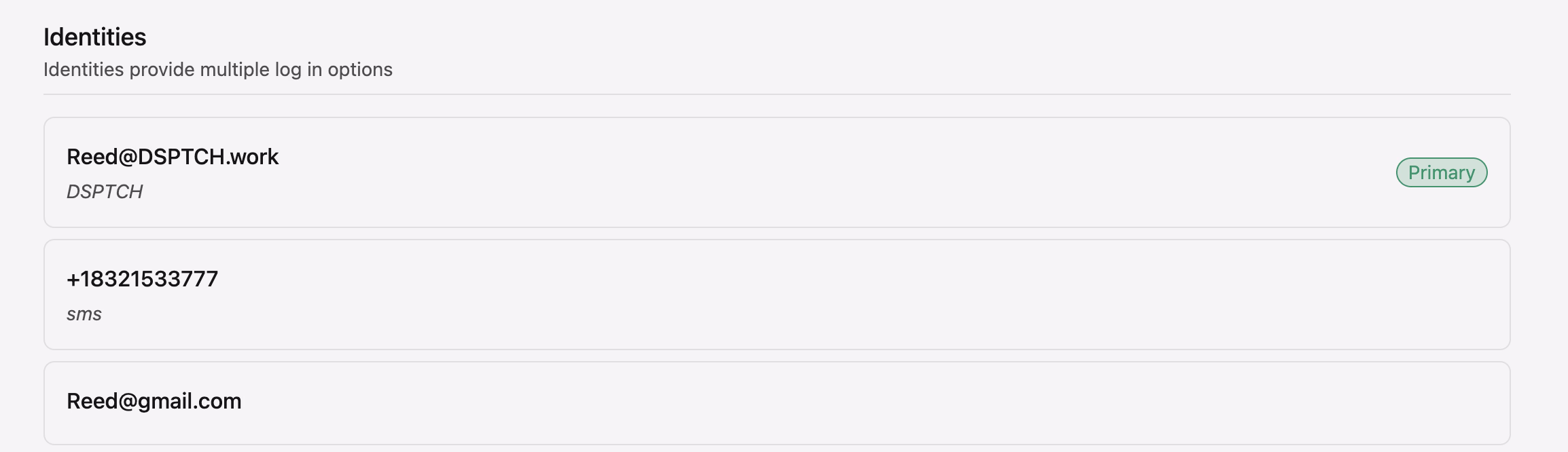 User profile Identities section showing email and phone login options