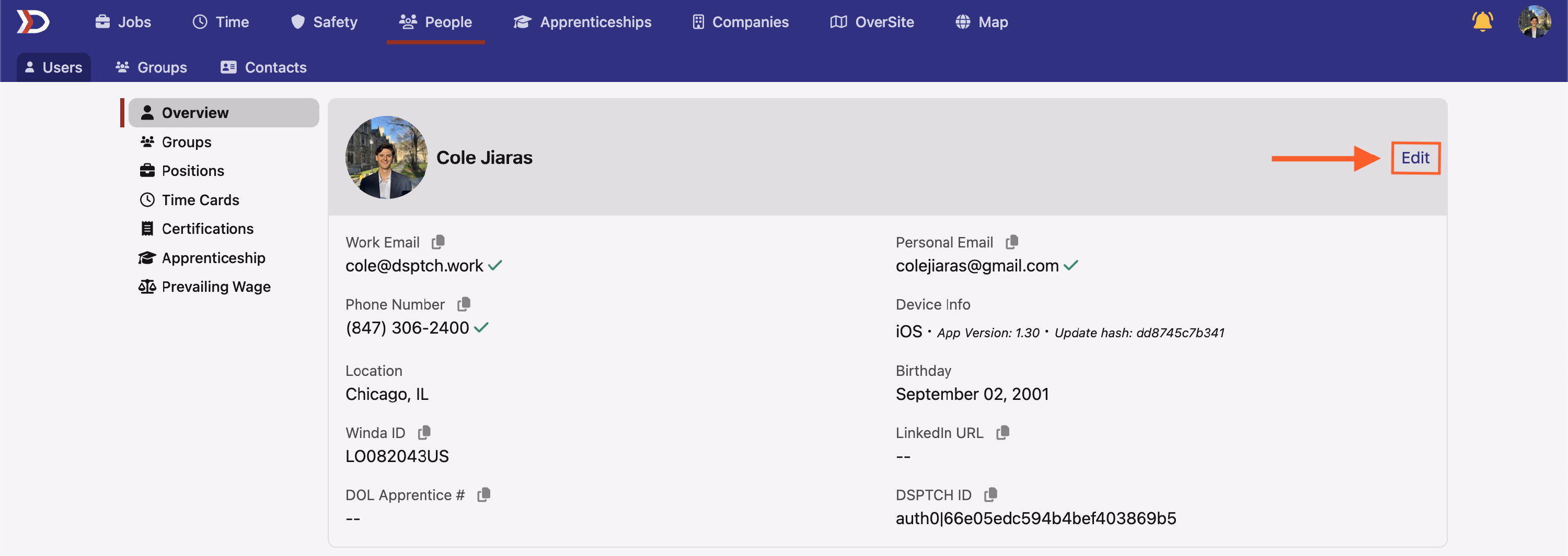 User profile overview page with the Edit button highlighted next to the user's name