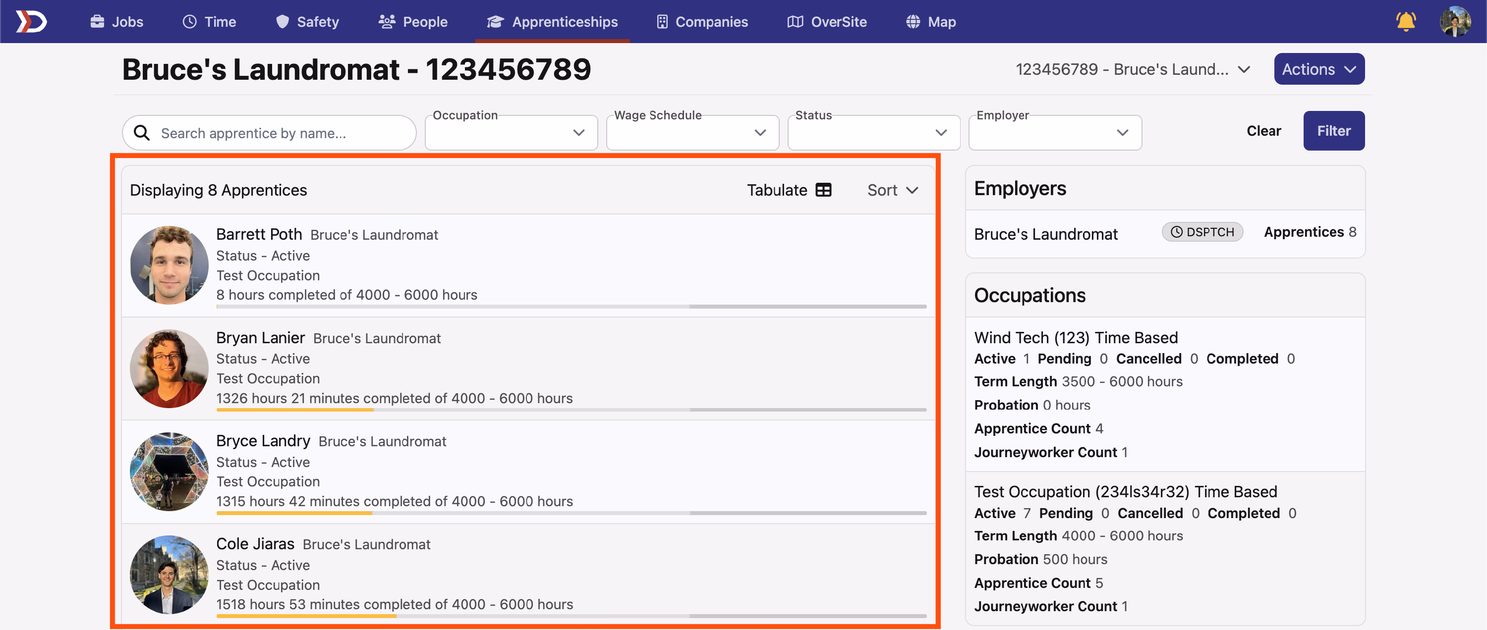 Apprenticeships tab showing the newly added apprentice highlighted in the list