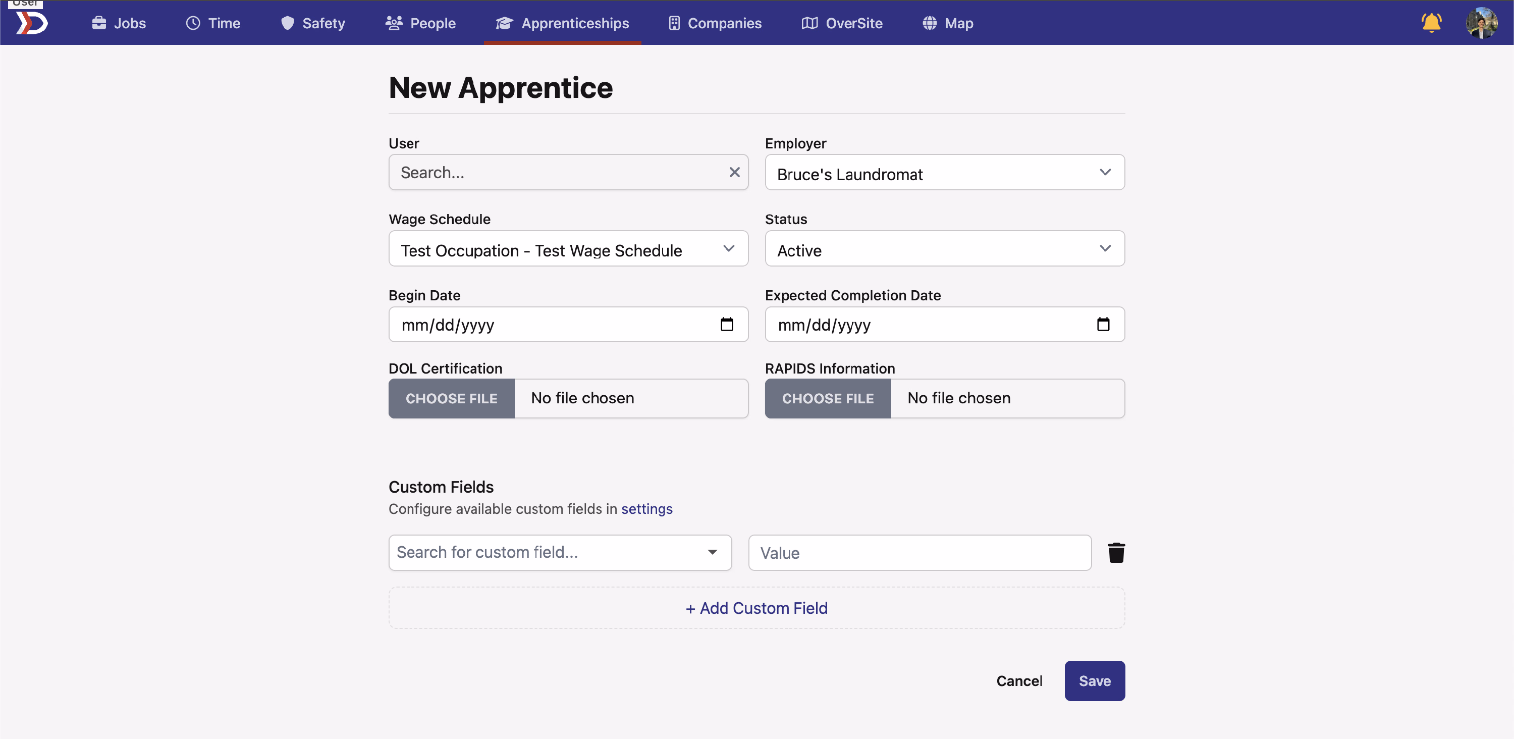 New Apprentice form with user, employer, wage schedule, status, and date fields