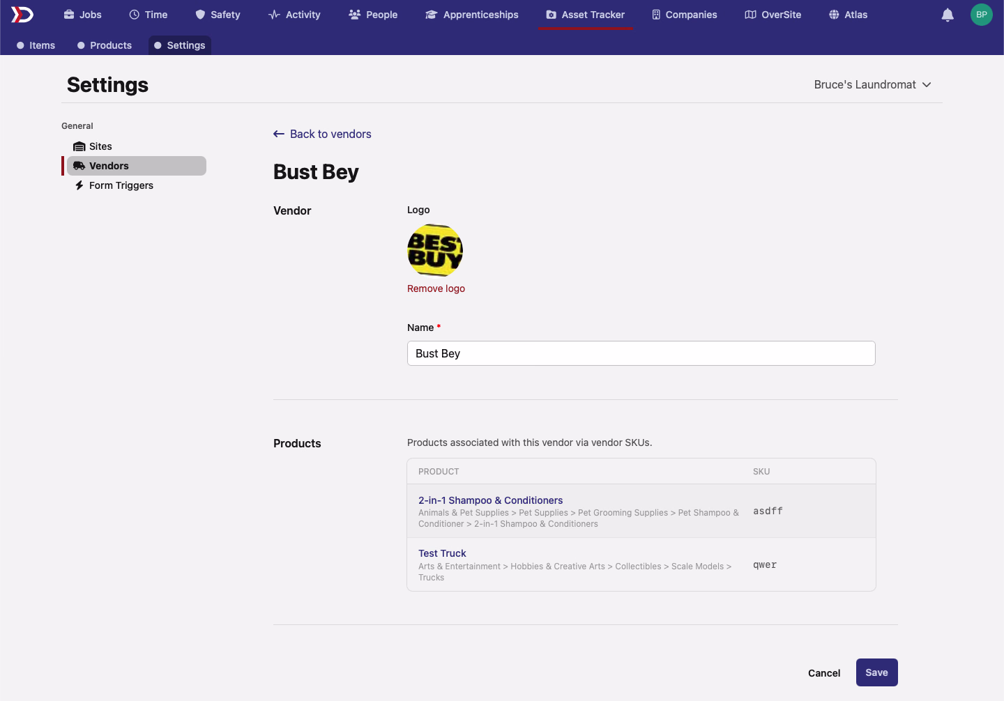 Vendors list under Asset Tracker settings