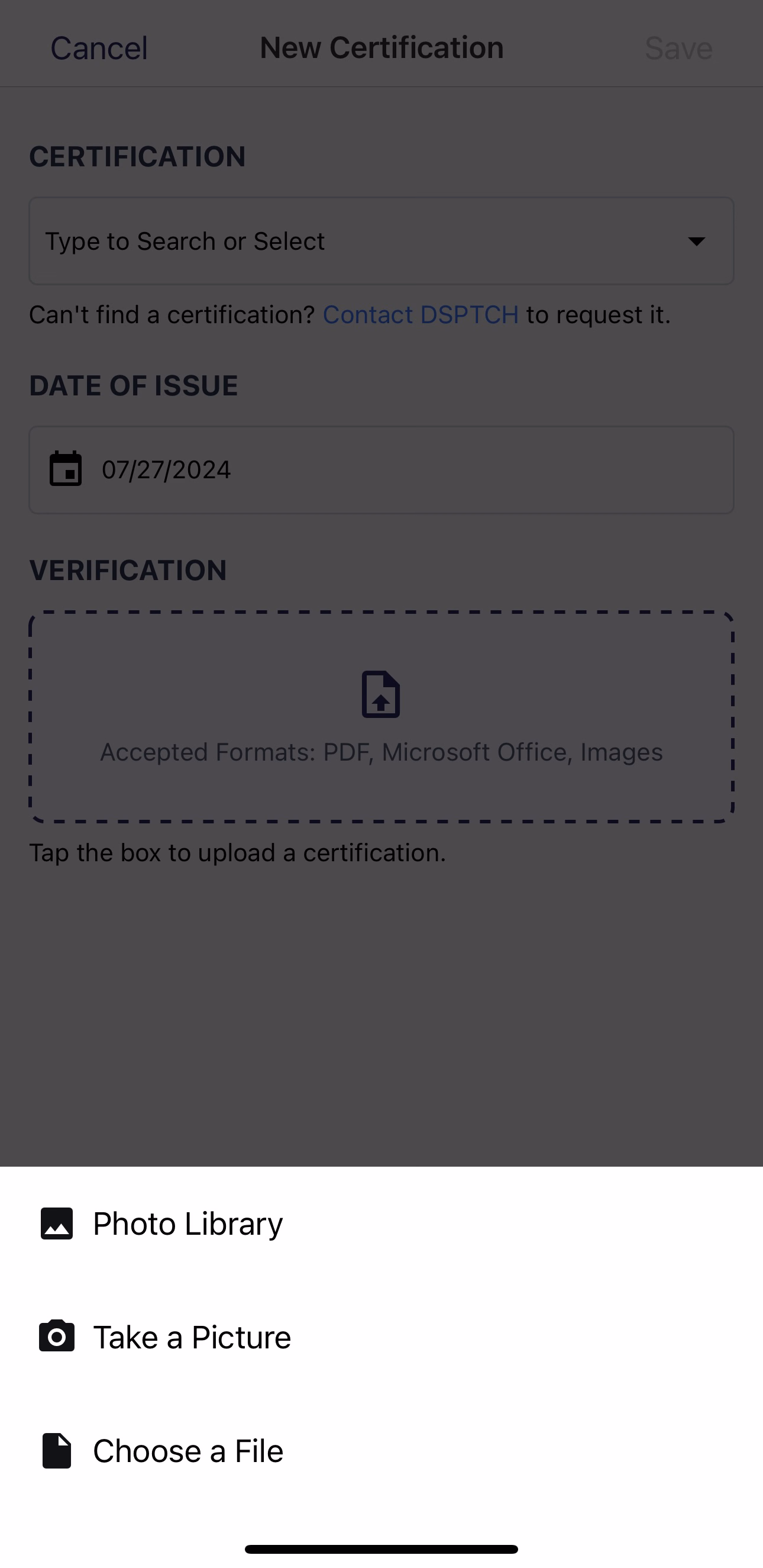 New Certification page with the Verification upload bottom sheet showing Photo Library, Take a Picture, and Choose a File
