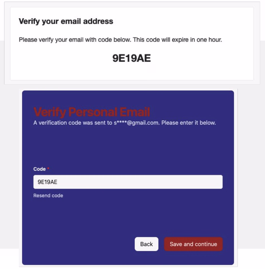 Ejemplo del correo de verificación junto con la página Verify Personal Email mostrando el código ingresado