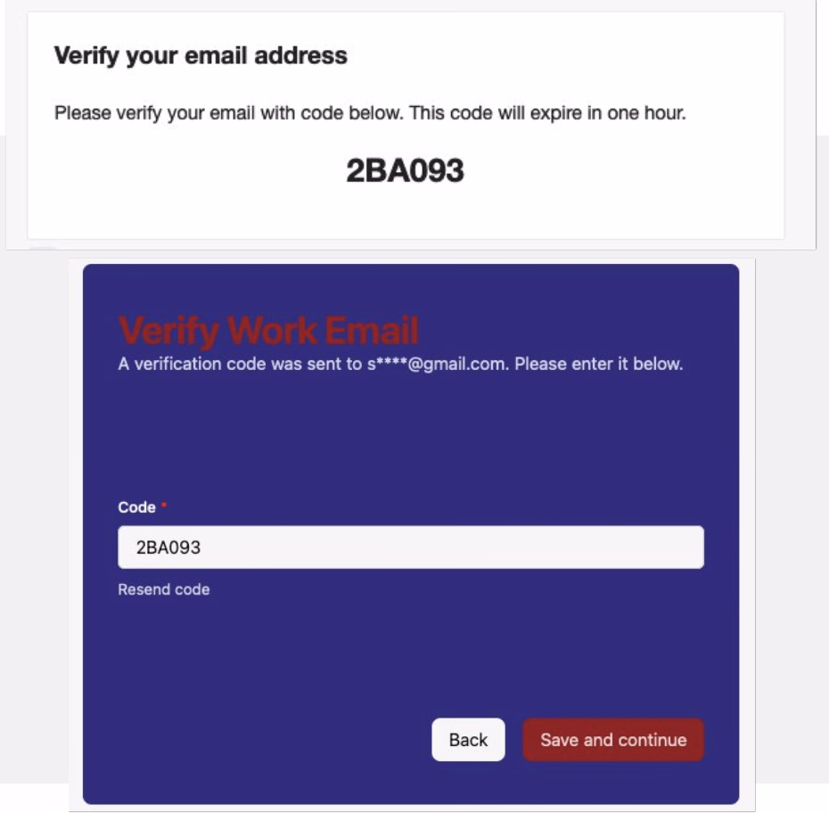 Ejemplo del correo de verificación junto con la página Verify Work Email mostrando el código ingresado