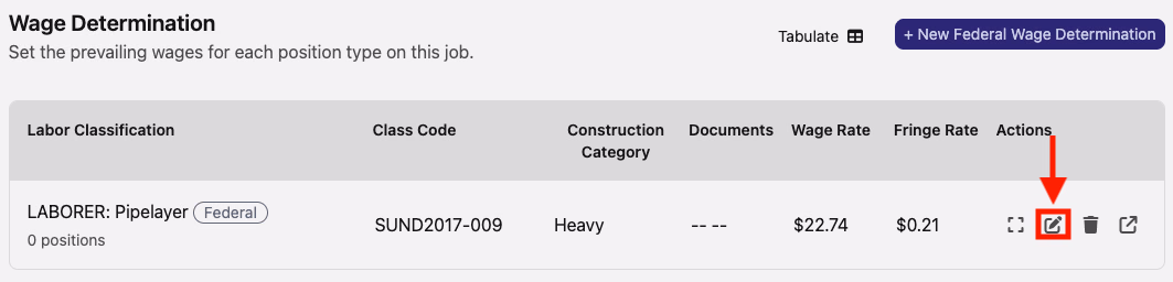 Wage Determination list with the edit pencil icon highlighted for an existing determination
