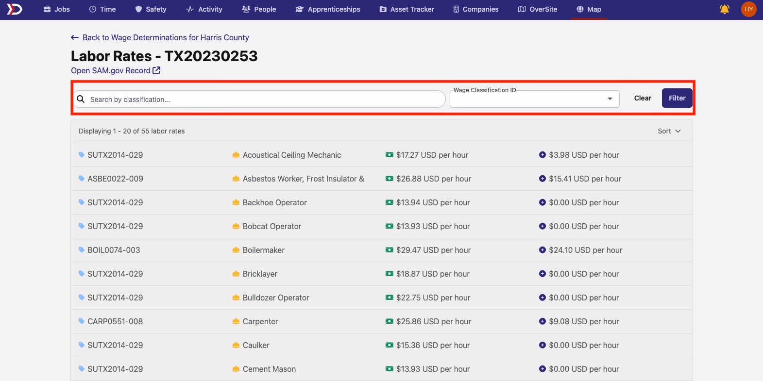 Labor Rates page with filter bar highlighted showing Search by Classification and Wage Classification ID fields