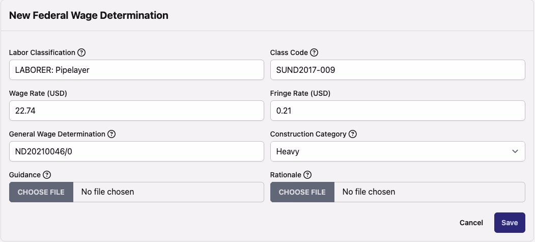 New Federal Wage Determination form filled out with Pipelayer labor classification and rates
