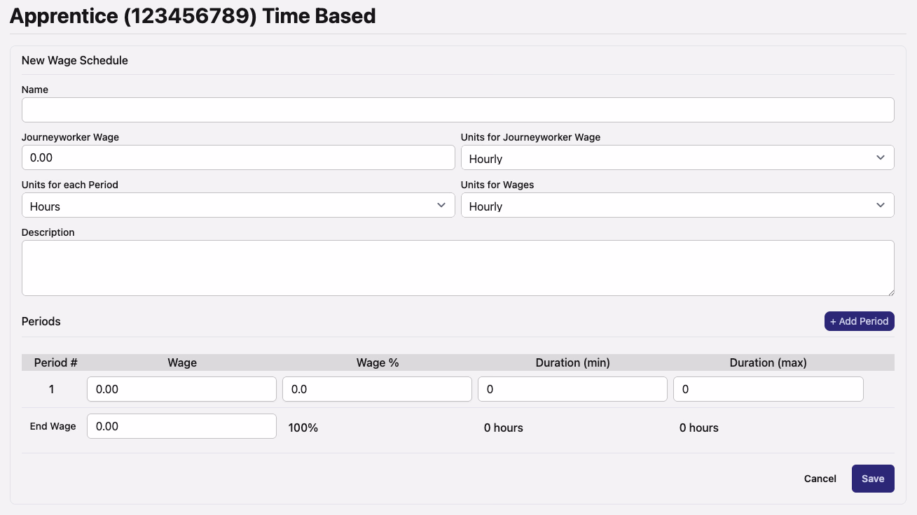 New Wage Schedule form with name, journeyworker wage, period units, and periods table fields