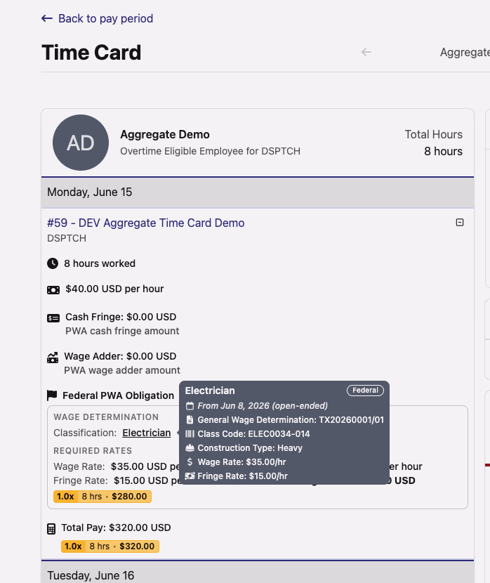 An aggregate time card day showing a Federal PWA Obligation card with a wage-determination classification tooltip listing wage rate, fringe rate, and construction type