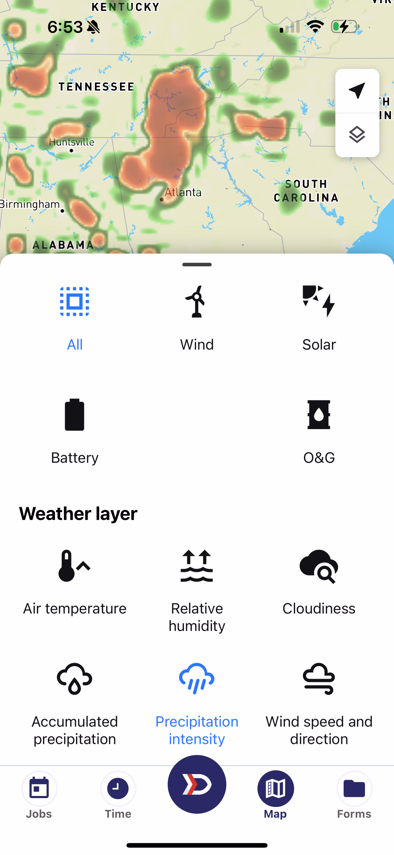 Precipitation Intensity weather layer with red indicating heavy rain and green indicating light rain