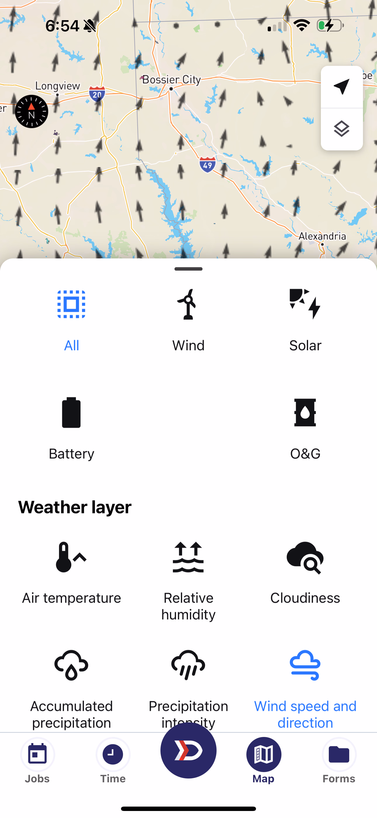 Wind Speed and Direction weather layer showing arrow sizes and orientations representing wind strength and direction