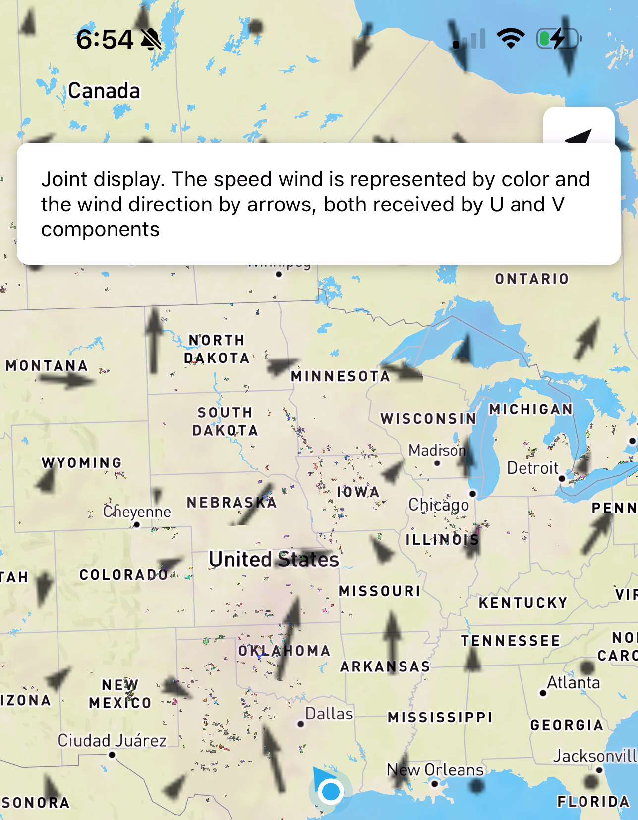 Wind Speed and Direction weather layer with explanatory tooltip describing the joint display of arrows and color