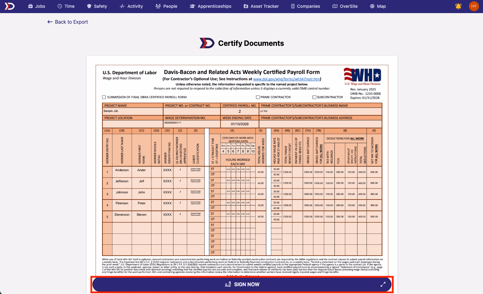 Certify Documents page displaying the WH-347 PDF form with Sign Now button highlighted