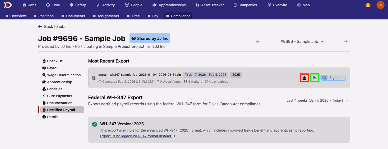Most Recent Export row showing download icon and signature icon for the generated WH-347 file