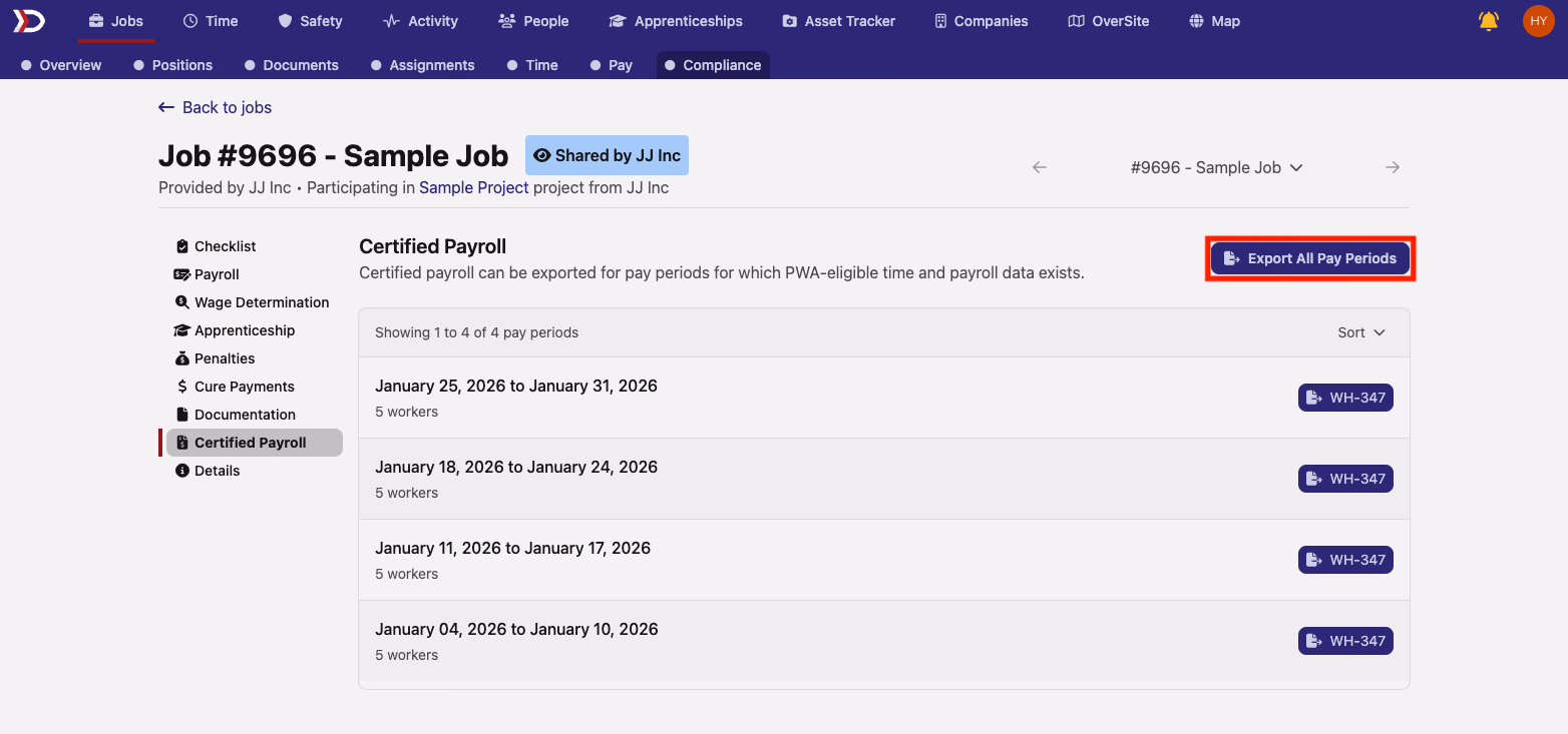 Certified Payroll page with Export All Pay Periods button highlighted