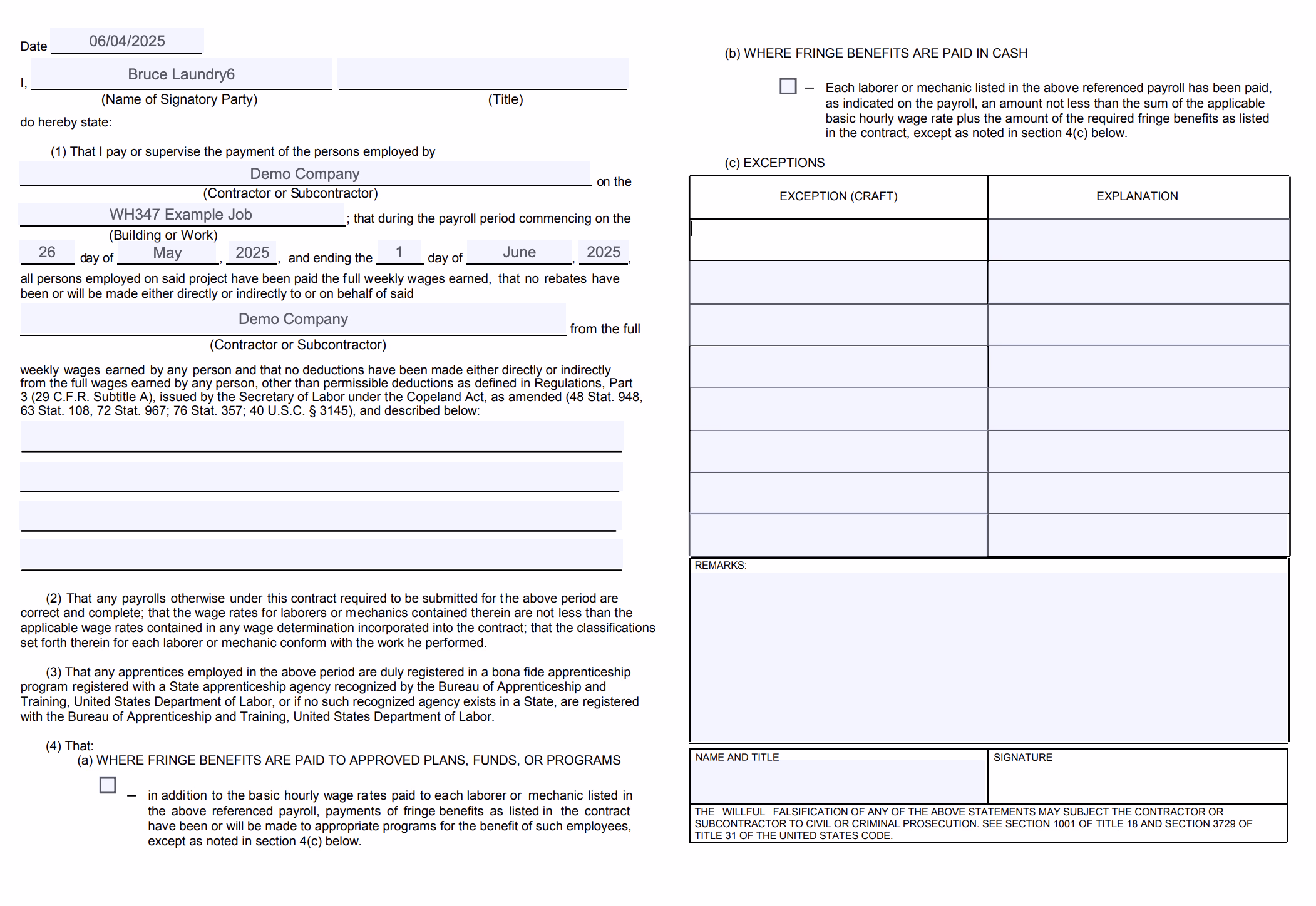 WH-347 Statement of Compliance form example