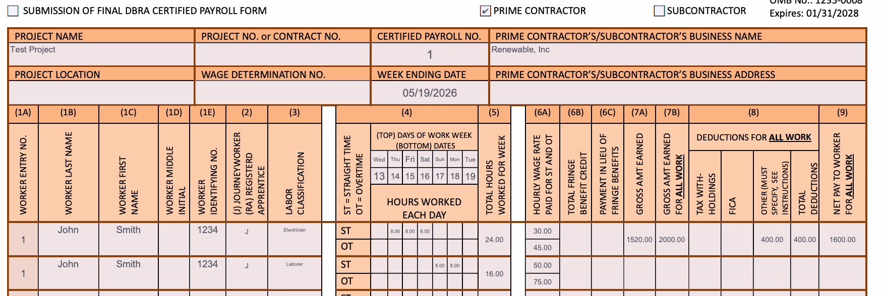 WH-347 row pair for John Smith with an Electrician primary row at 30 dollars per hour holding the worker-level gross 1520, all-work gross 2000, deductions 400, and net pay 1600, and a second Laborer row at 50 dollars per hour showing only classification-specific hours and rates with the worker-level columns blank