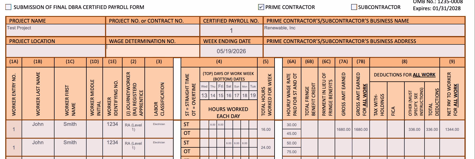 WH-347 row pair for John Smith designated RA (Level 1) on both Electrician rows: in-ratio hours at the apprentice rate of 30 dollars per hour on the primary row with worker-level totals filled in, and out-of-ratio hours at the journeyworker rate of 50 dollars per hour on the second row with only classification-specific columns populated