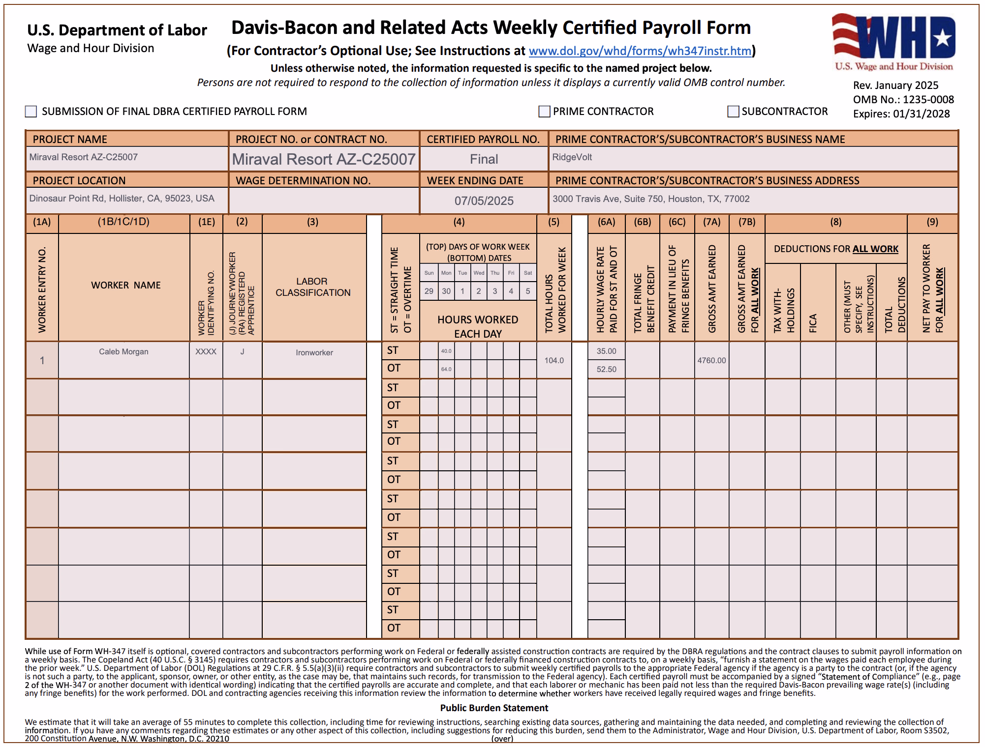 WH-347 Davis-Bacon weekly certified payroll form page one with worker rows