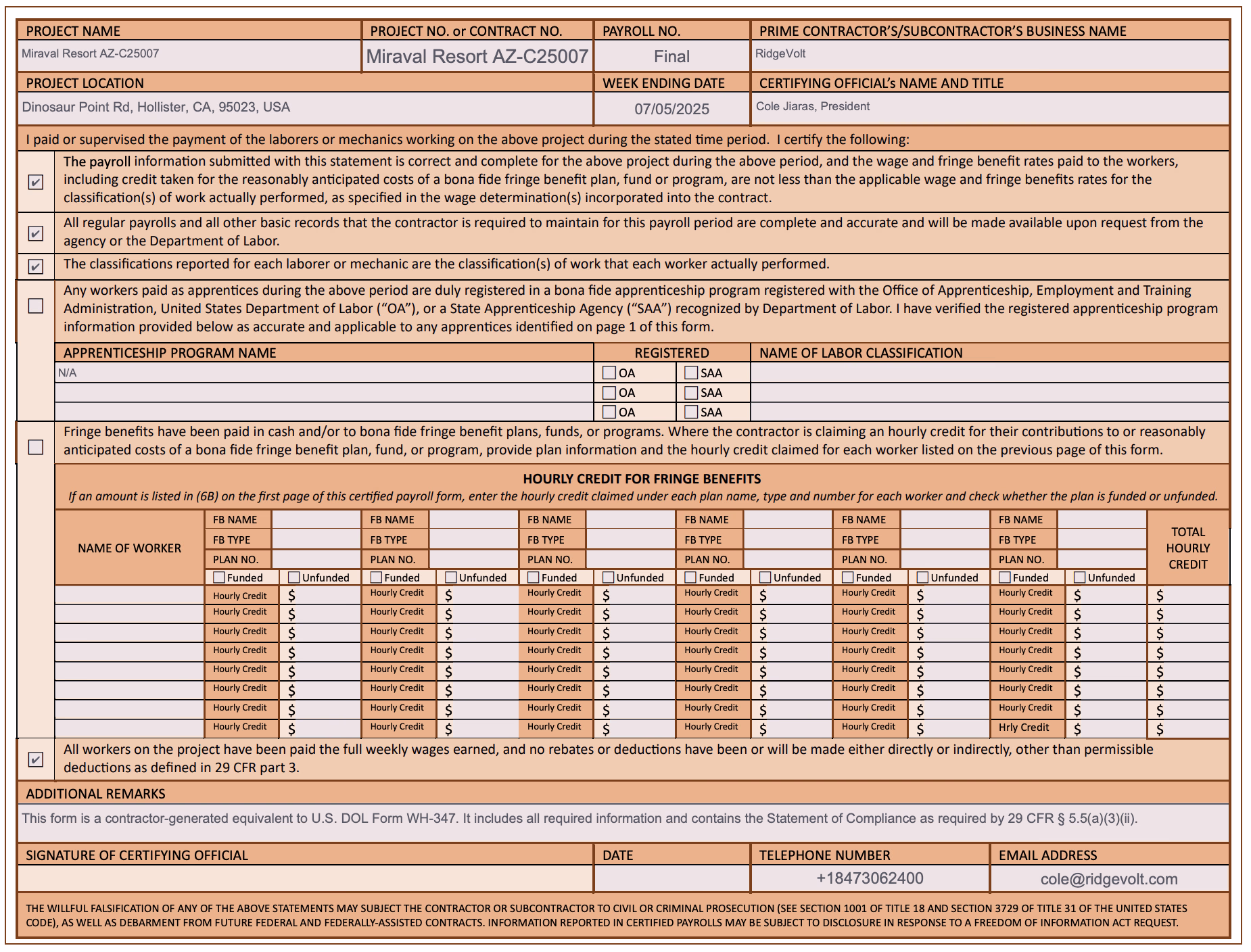 WH-347 page two statement of compliance with fringe benefit credit table