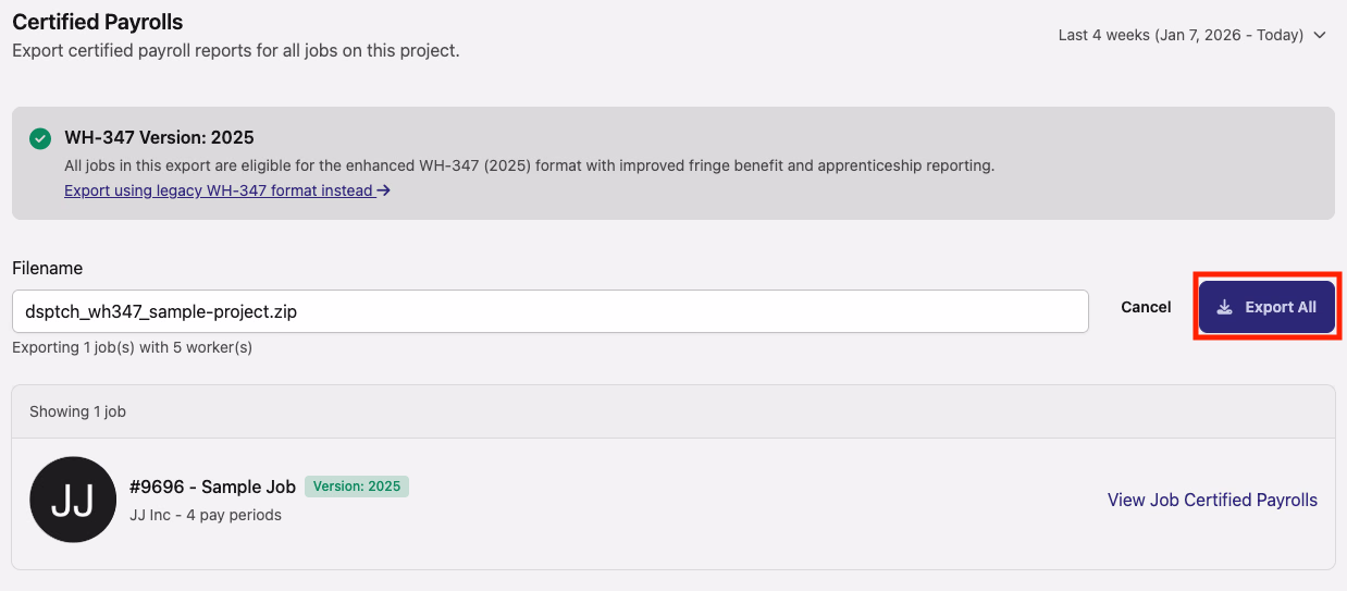 Project Certified Payrolls export page with the Export All button highlighted