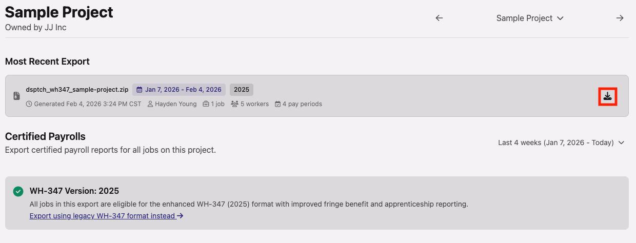 Project Certified Payrolls Most Recent Export row with download icon highlighted