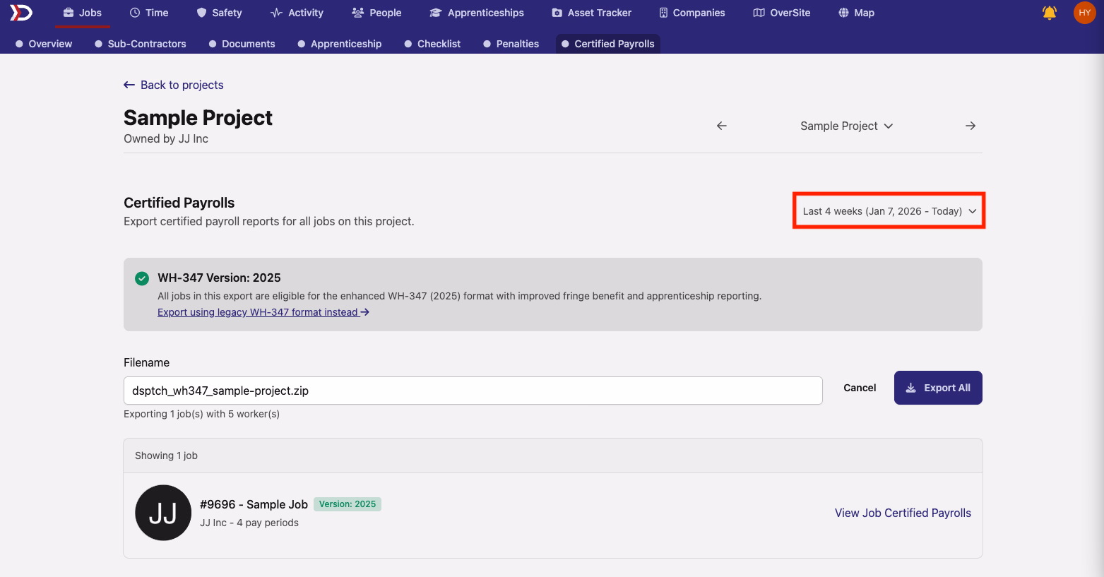 Project WH-347 export page showing time period selector with pay periods and jobs listed