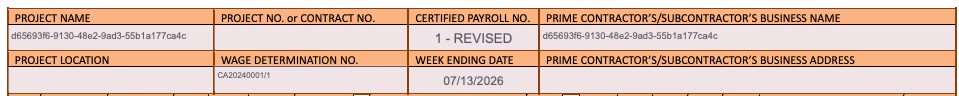 A WH-347 certified payroll header showing "1 - REVISED" in the Certified Payroll No. field