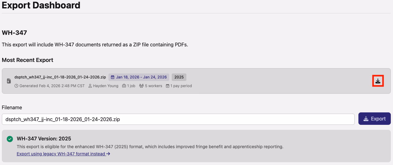 Most Recent Export row showing download icon for the generated single pay period WH-347