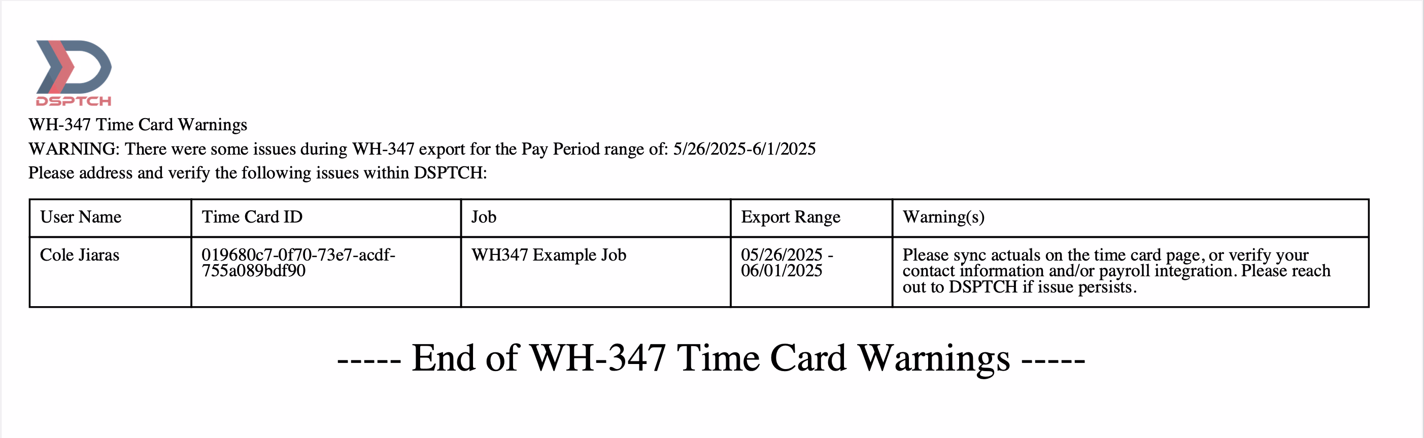 WH-347 time card warnings report listing issues by user and pay period