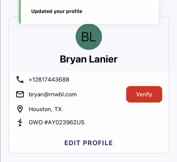 Profile page after a work email change with a Verify button shown next to the new email